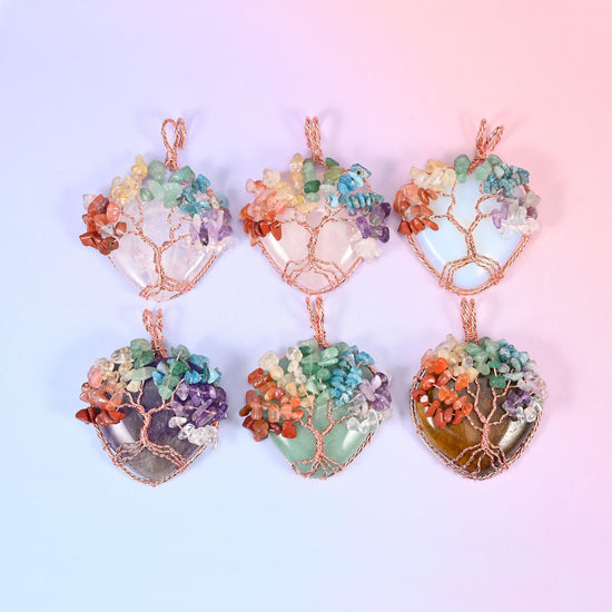 Heart Gemstone Pendant with Copper Wired Tree of Life