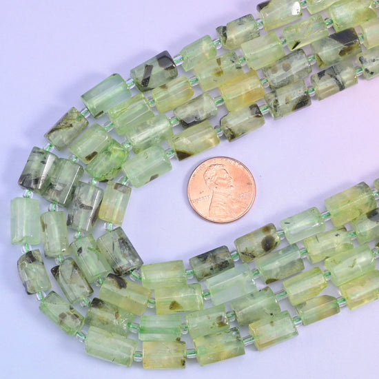 Prehnite faceted tube beads, 15.5 inch strand
