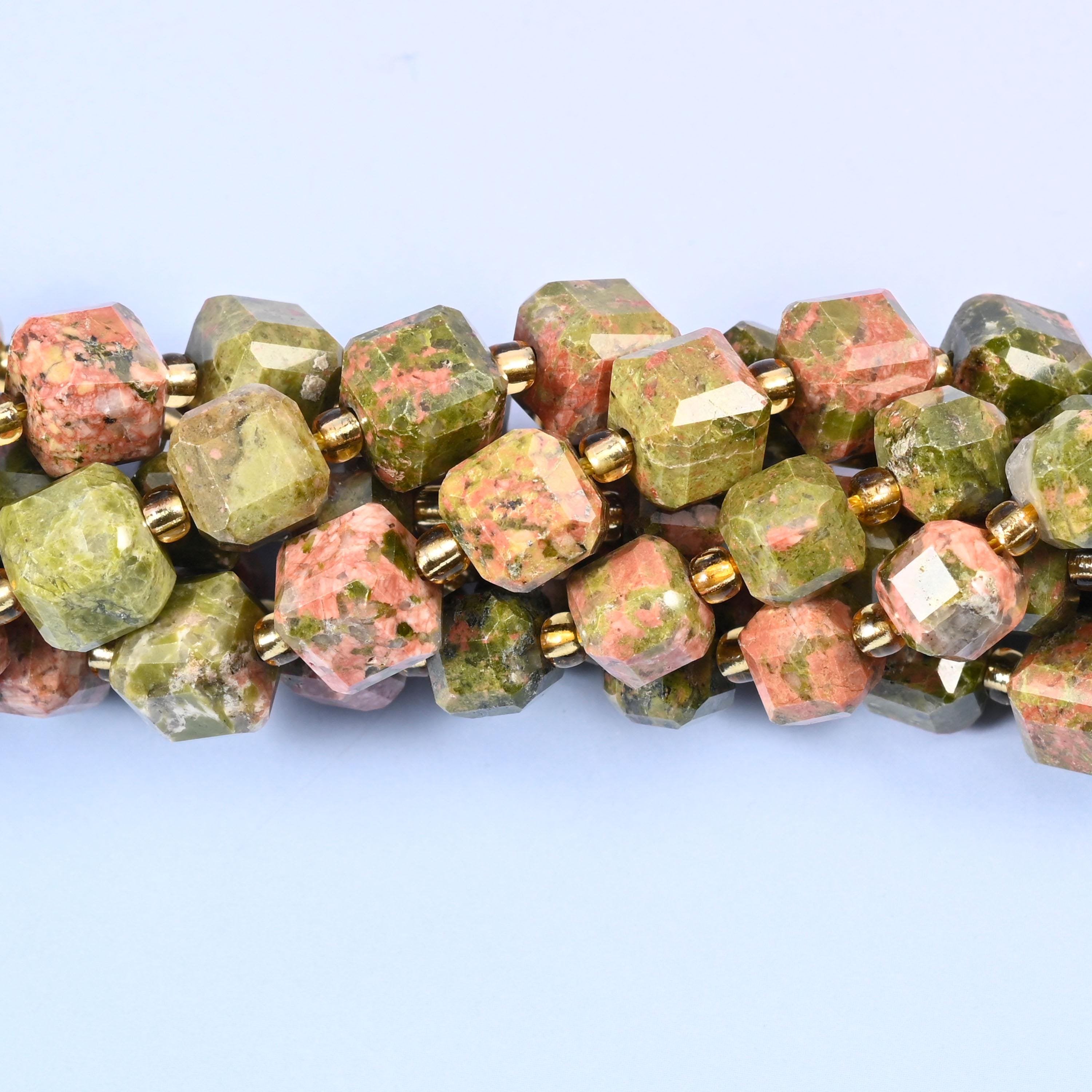 Faceted cube cut Unakite beads