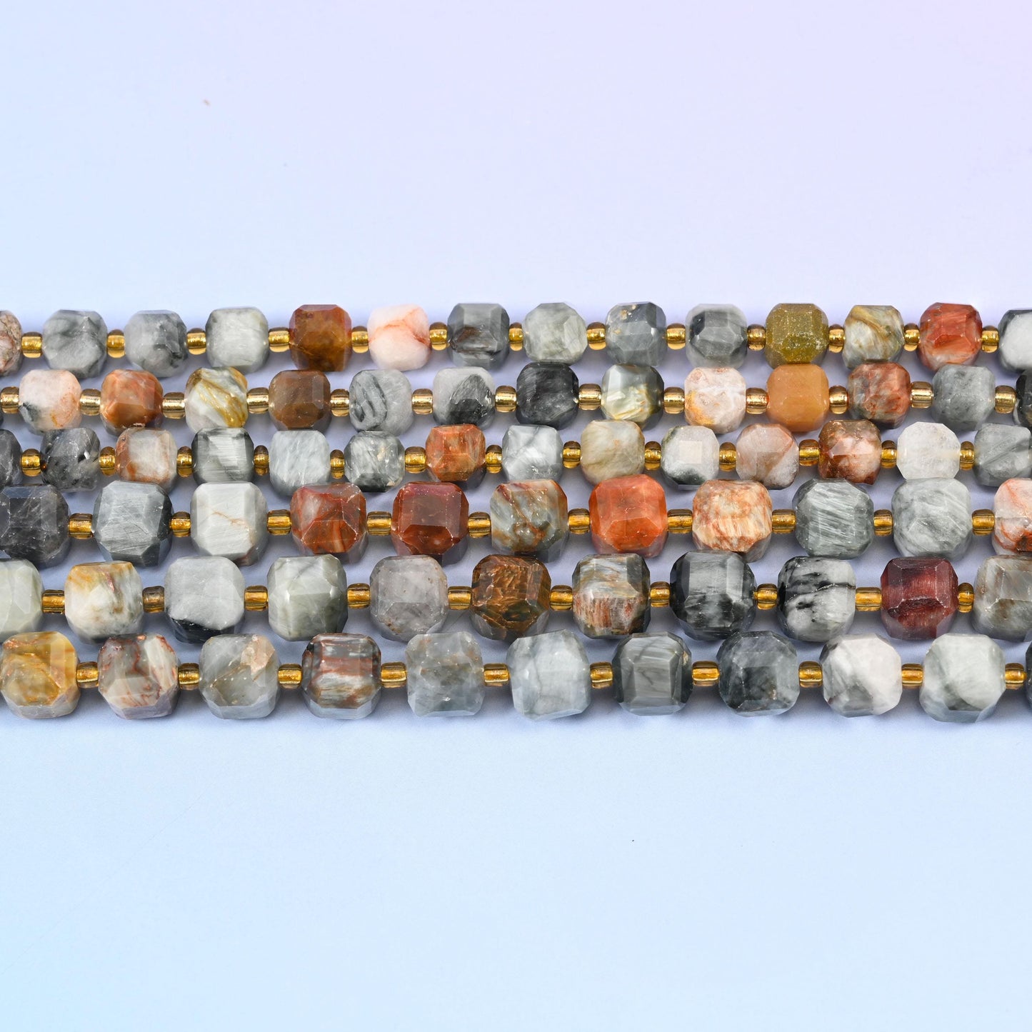Eagle Eye Jasper beads in silvery grey with salmon and apricot patches