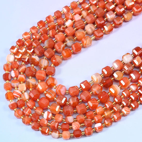 Dyed Red Stripe Agate Faceted Cube Beads, 15 inch strand