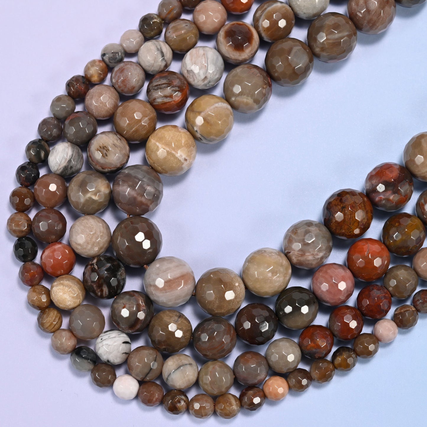 Petrified Wood Faceted Round Beads in taupe, coffee and mushroom brown
