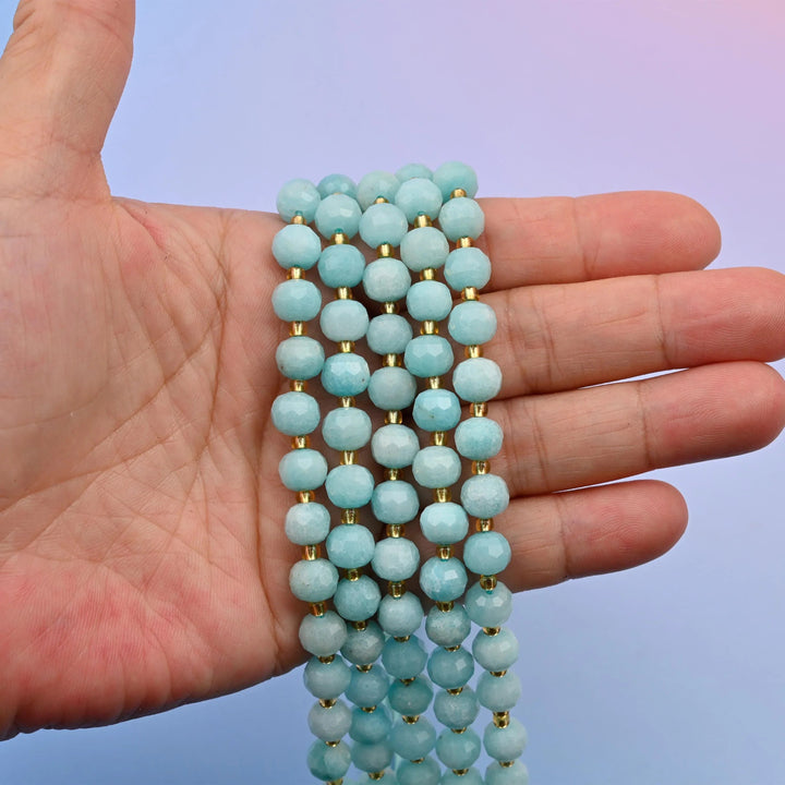 Amazonite rondelle beads, dyed blue, faceted, 6x8mm.