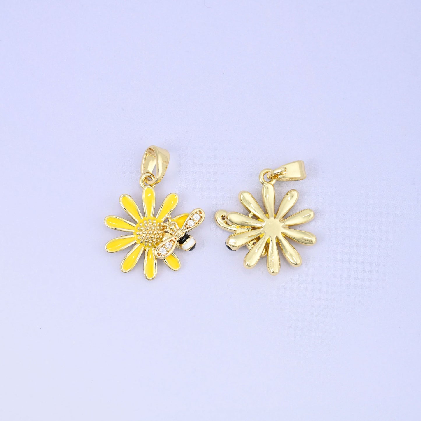 Yellow Sunflower Bee Enamel Charms: 18K Gold Plated Pendants, Jewelry Making Supply