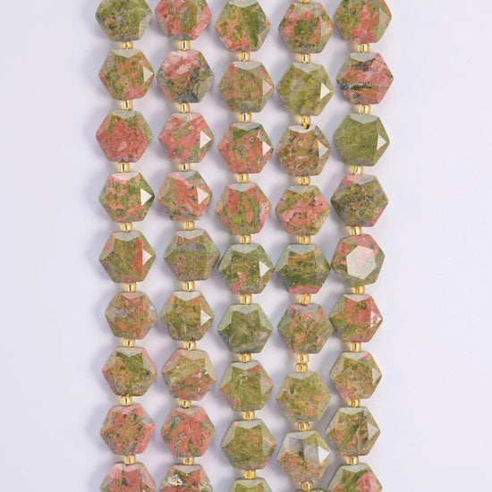 Unakite hexagon beads, 15.5 inch strand.