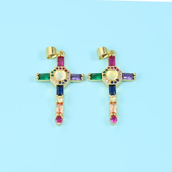 Brass, 18K Gold Filled and Zircon — lead free and nickel free beads, cross, 35 x 18mm
