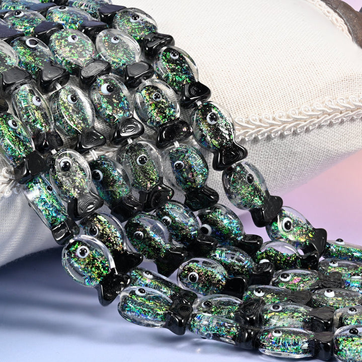 Iridescent Black Green Fish Glass Beads