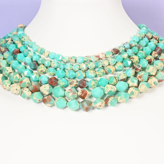 Green Shoushan Stone beads, diamond star cut, 6mm to 10mm