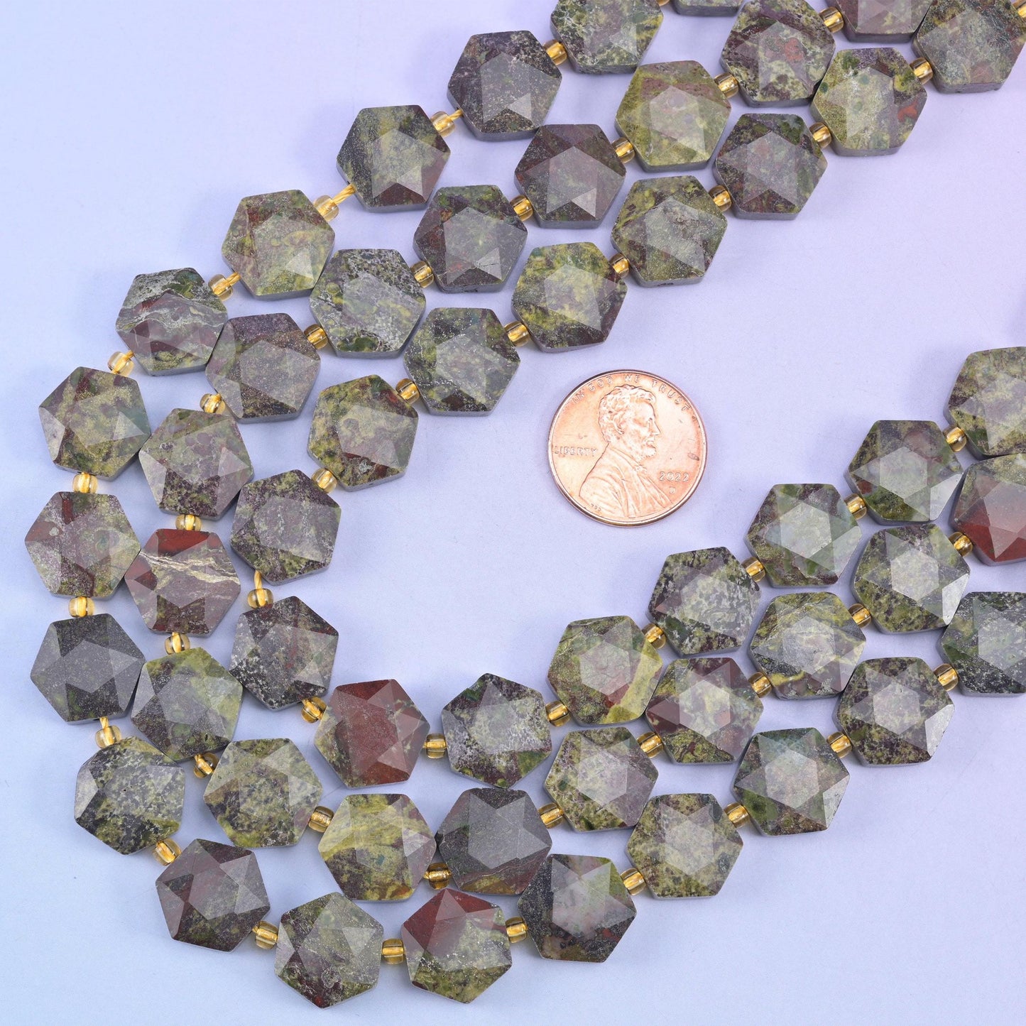 Dragon bloodstone hexagon beads, 15.5 inch strand