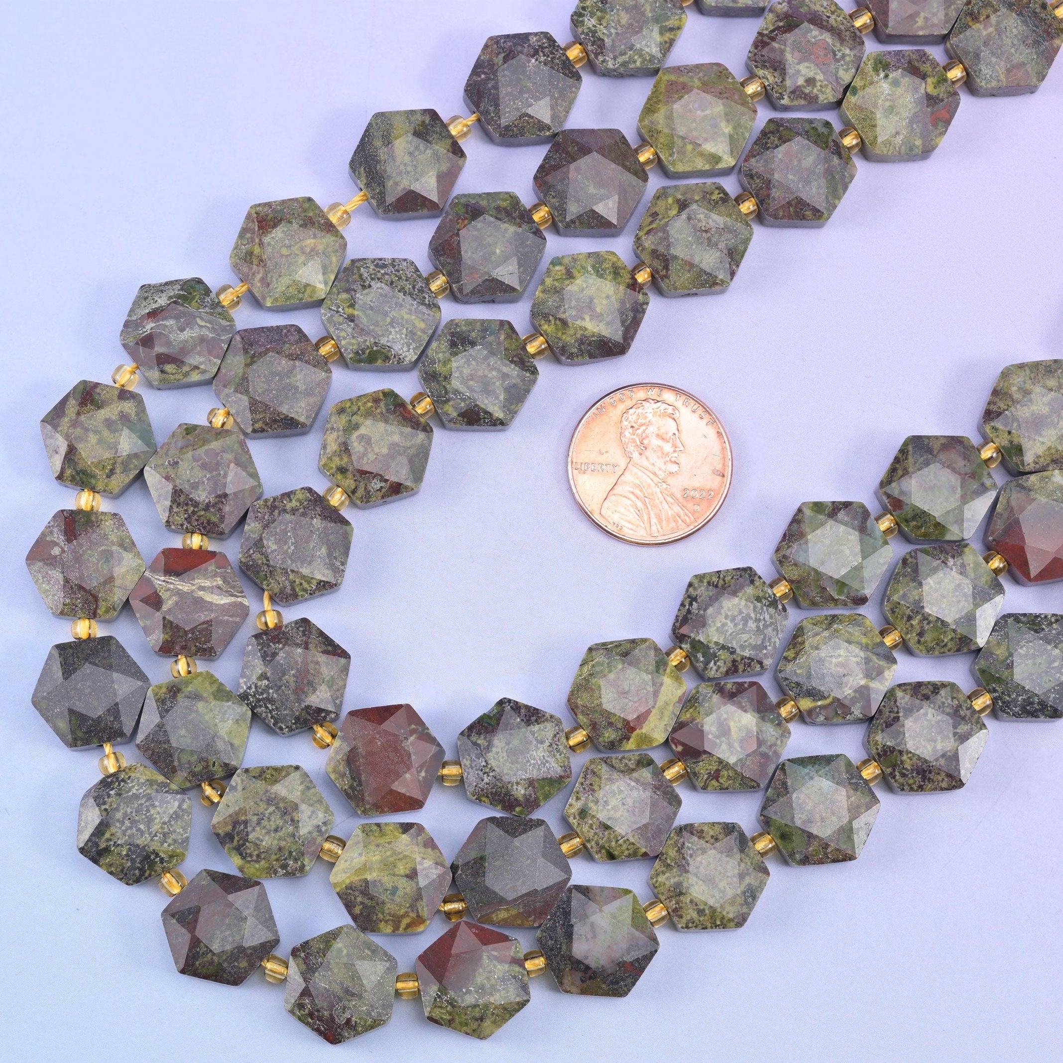 Dragon bloodstone hexagon beads, 15.5 inch strand