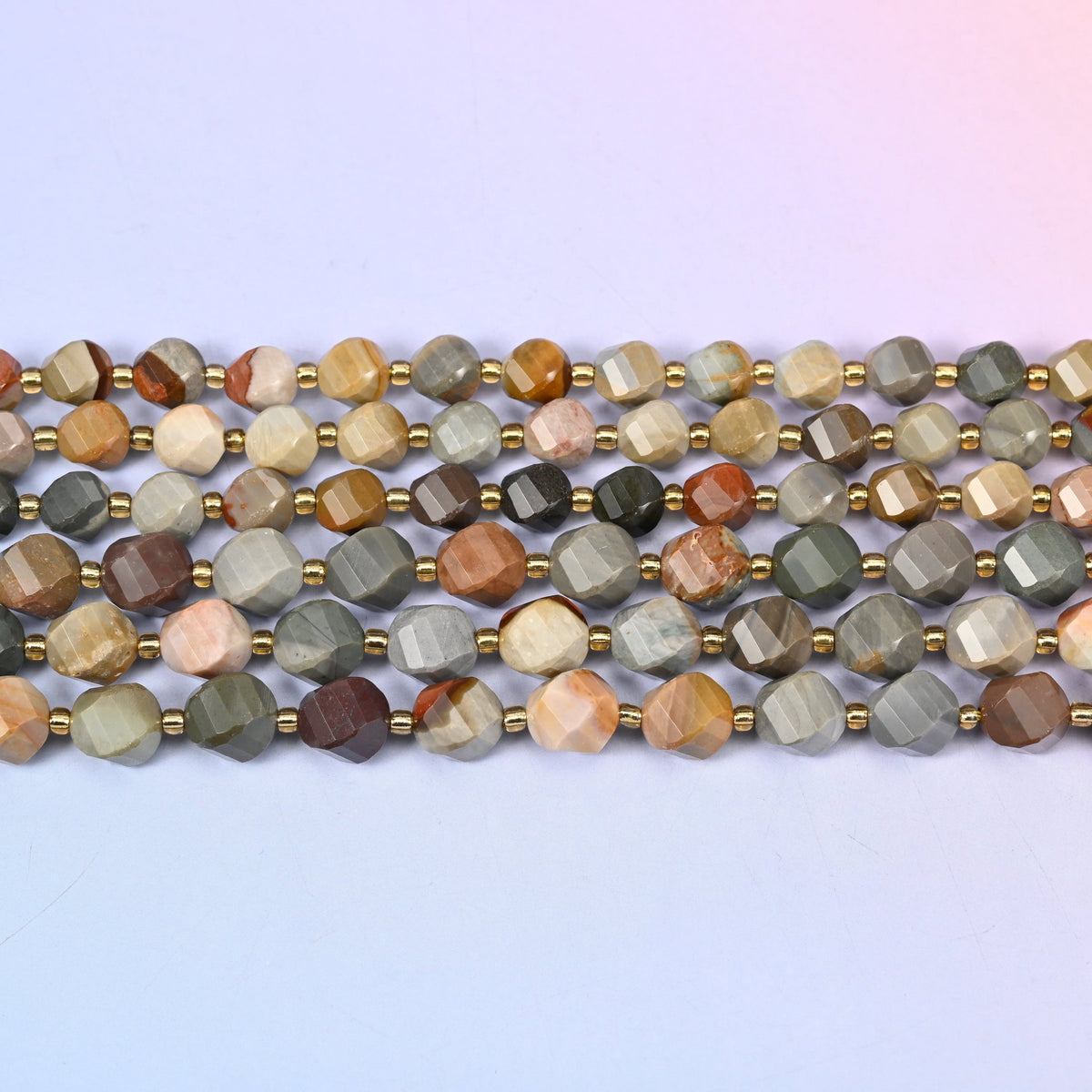 American Picture Jasper Faceted Spiral Twist Beads 8mm 10mm in sage grey, cream, camel and rust brown layering