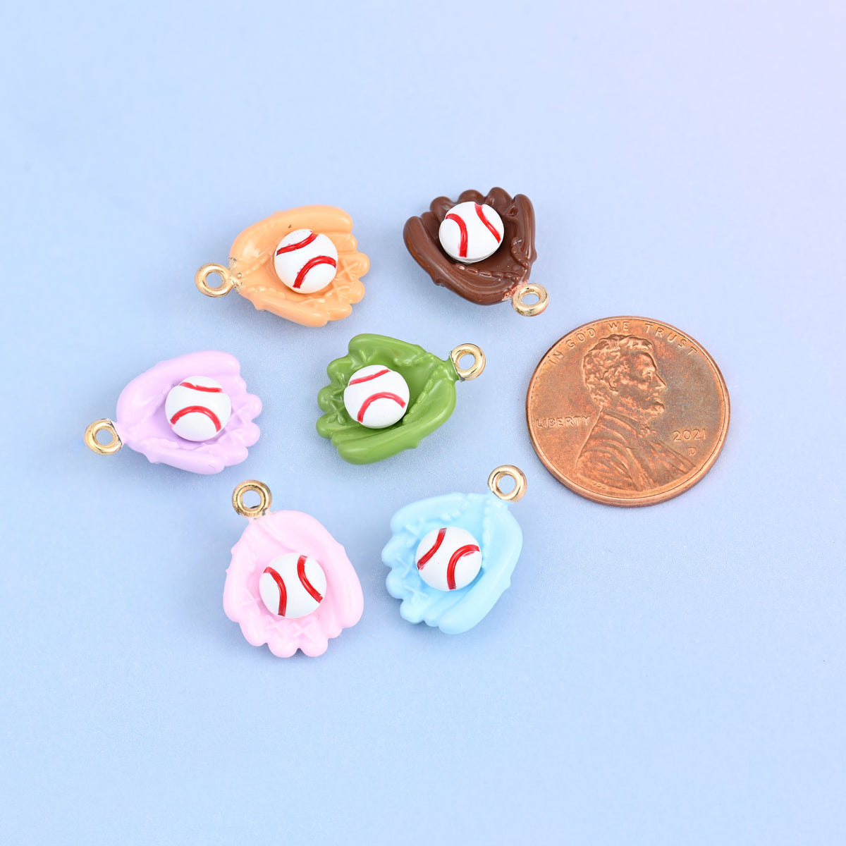 Baseball charms shown for scale, six enamel glove charms with white balls and red stitching, 18K gold plated brass.