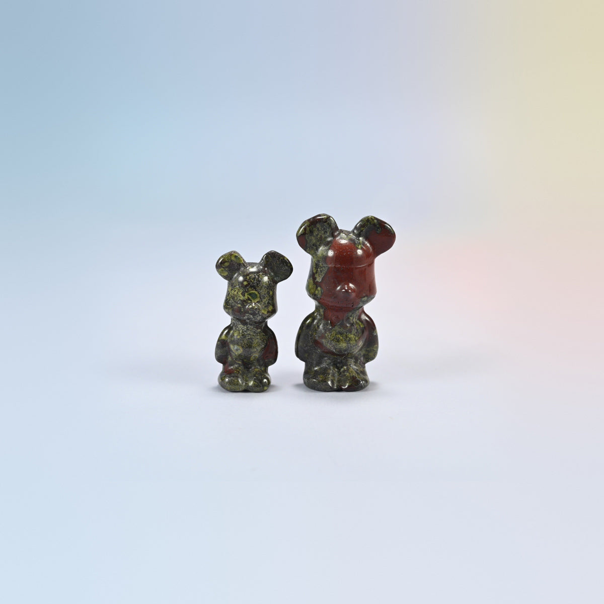 A 1.5 inch and a 2 inch dragon bloodstone power bear crystal carving, dark green natural stone with red patches