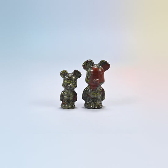 A 1.5 inch and a 2 inch dragon bloodstone power bear crystal carving, dark green natural stone with red patches