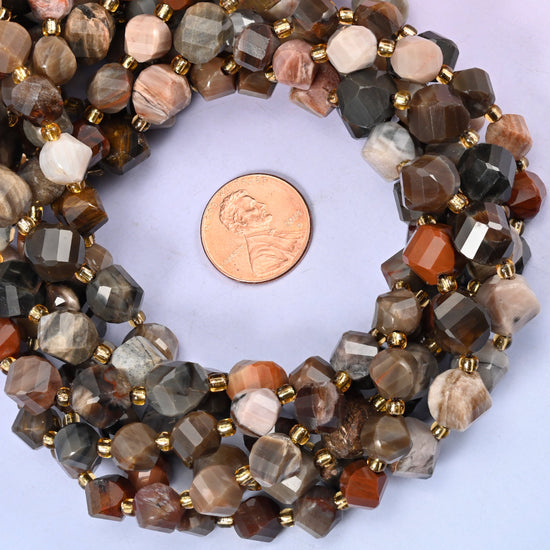 Petrified Wood faceted spiral twist bead strands coiled around a US penny for size reference