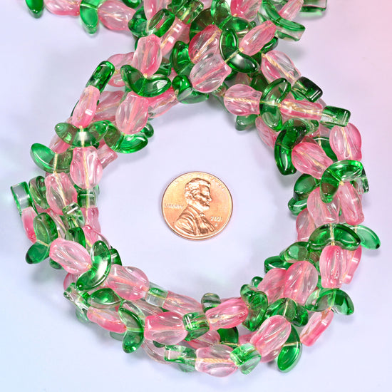 Pink Tulip Flower glass beads with leaf, close view of the coiled strands in pink flower buds alternating with green glass leaves