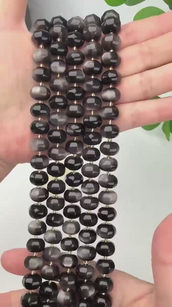 Silver Obsidian Pumpkin Rondelle Beads Jewelry Making Size 12x8mm 15" Strand