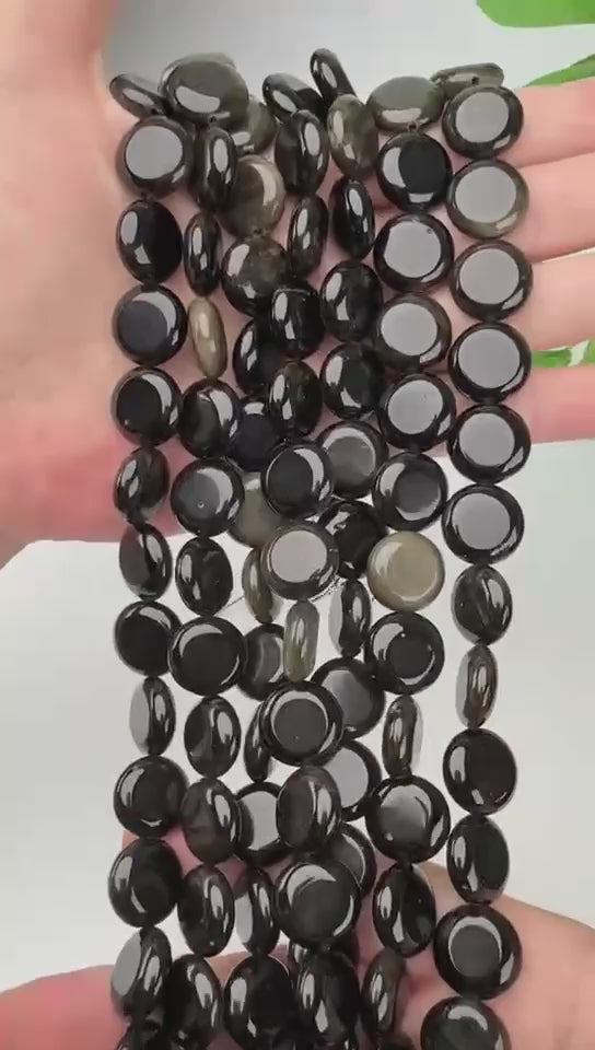 Gold Obsidian Smooth Coin Beads Size 15mm Jewelry Making 15 Inch Strand