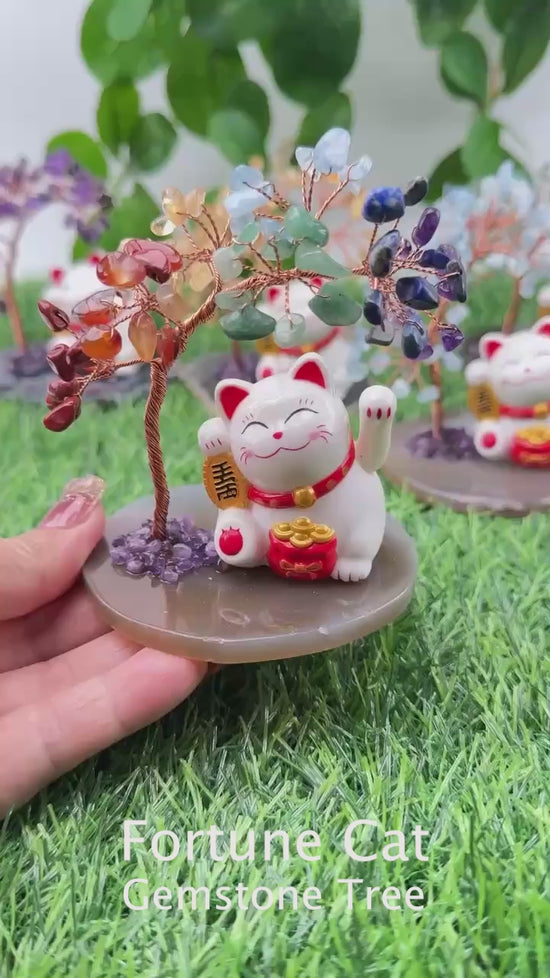 Fortune Cat Gemstone Tree Lucky Cat Healing Crystal Tree Agate Base