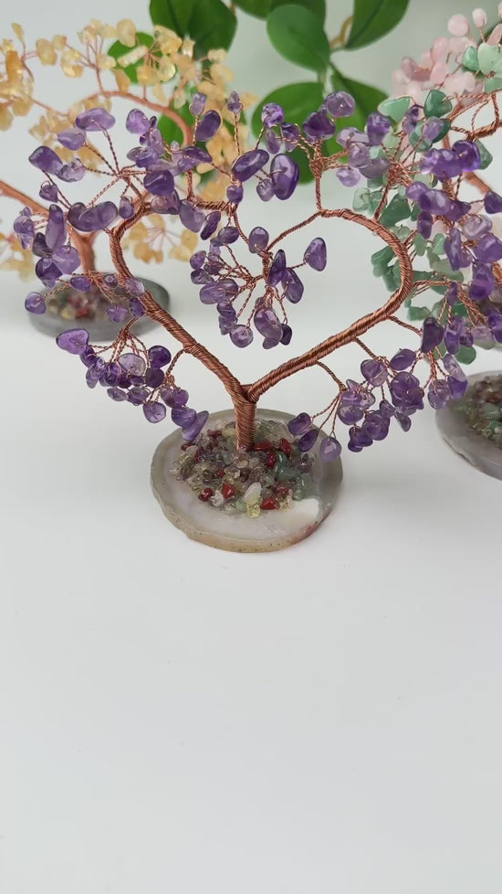 5 Inch Crystal Tree of Life Agate Base Heart Shape Gemstone Tree Copper Wire Branches