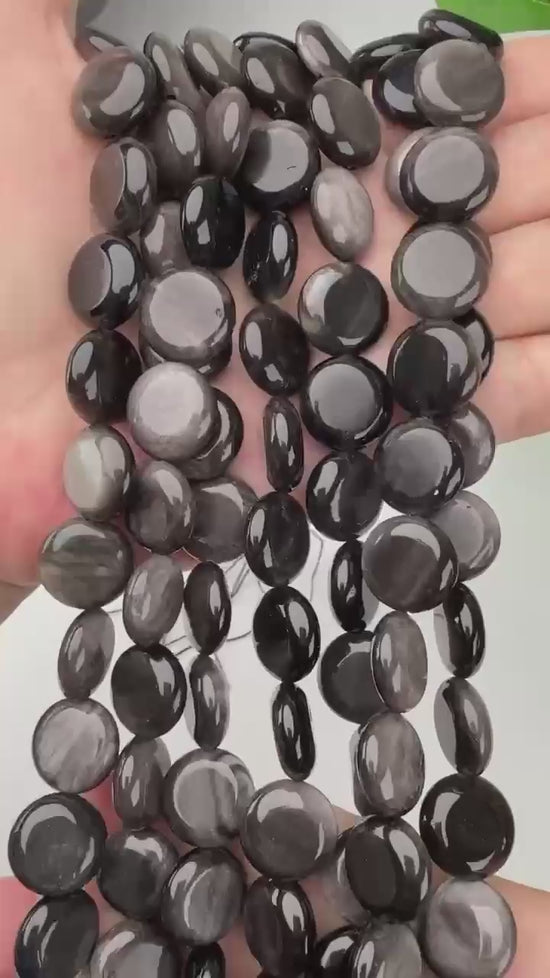 Silver Obsidian Smooth Coin Beads Size 15mm Jewelry Making 15 Inch Strand