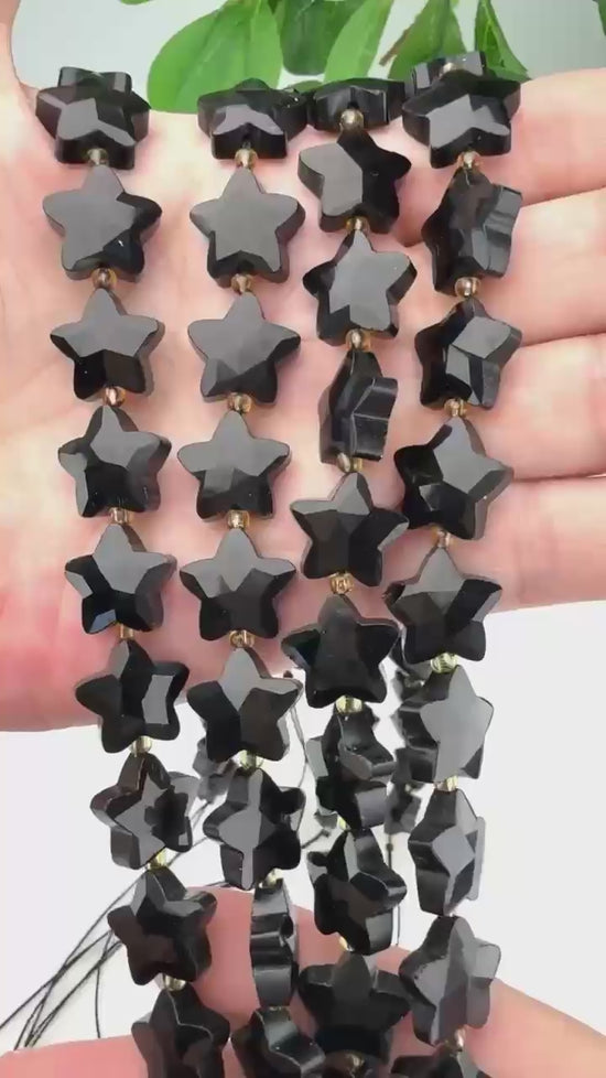 Black Obsidian 5 Pointed Faceted Star Beads Size 14mm Jewelry Making 15.5 Inch Strand