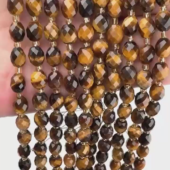 Tiger Eye Faceted Rice Barrel Beads