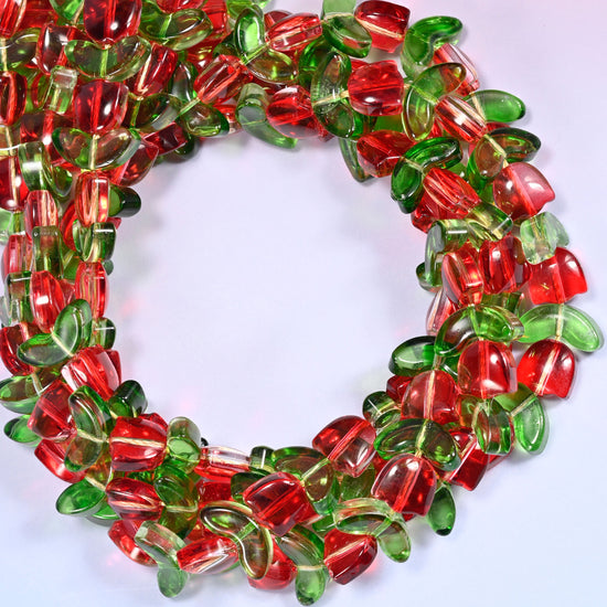 Red Tulip Flower glass beads with leaf, close view of the coiled strands in red flower buds alternating with green glass leaves