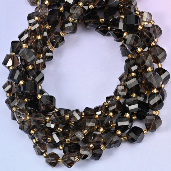 Smoky Quartz faceted spiral twist beads, close view of the coiled strands showing translucent smoky brown-grey