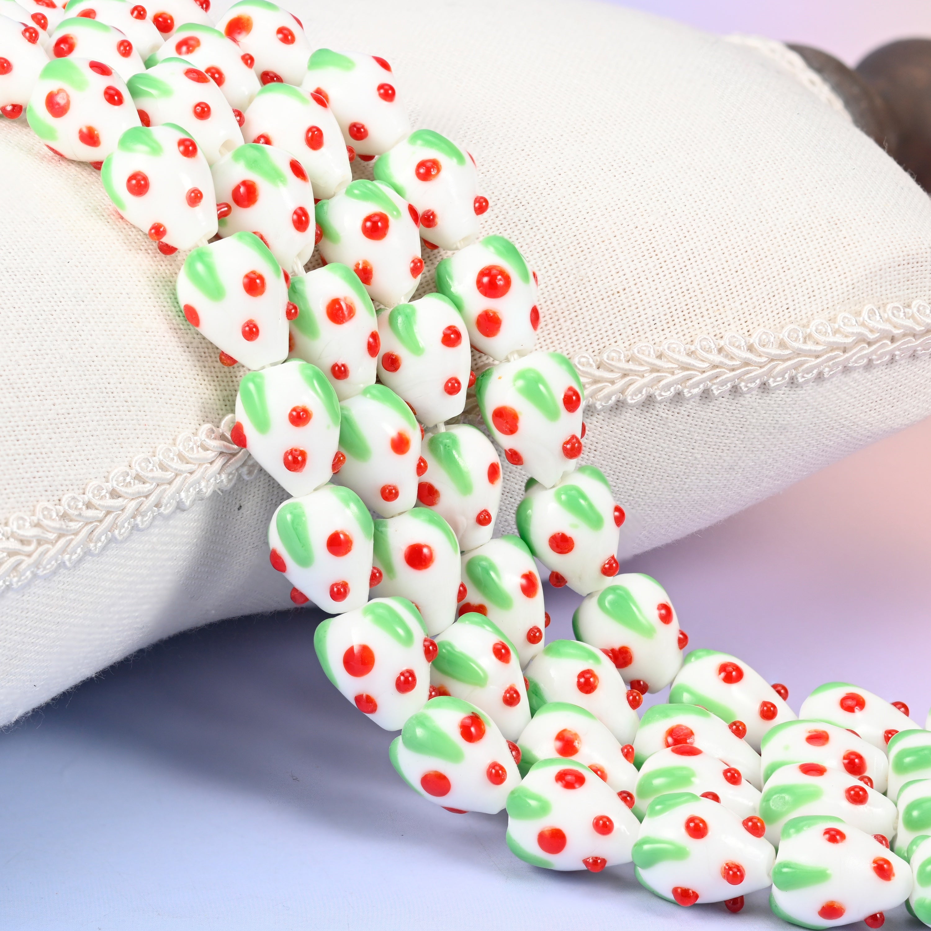 White Red Dots Strawberry Glass Beads: Jewelry Making Supply