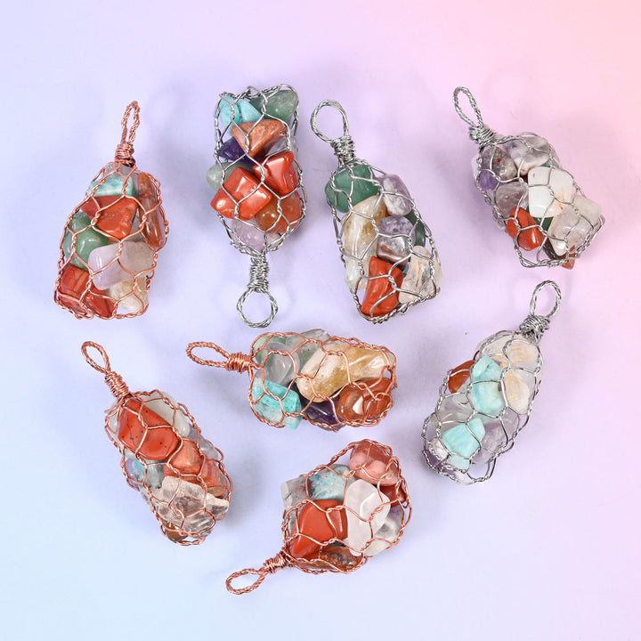 Wired Wrapped Cage Chip Gemstone Pendants