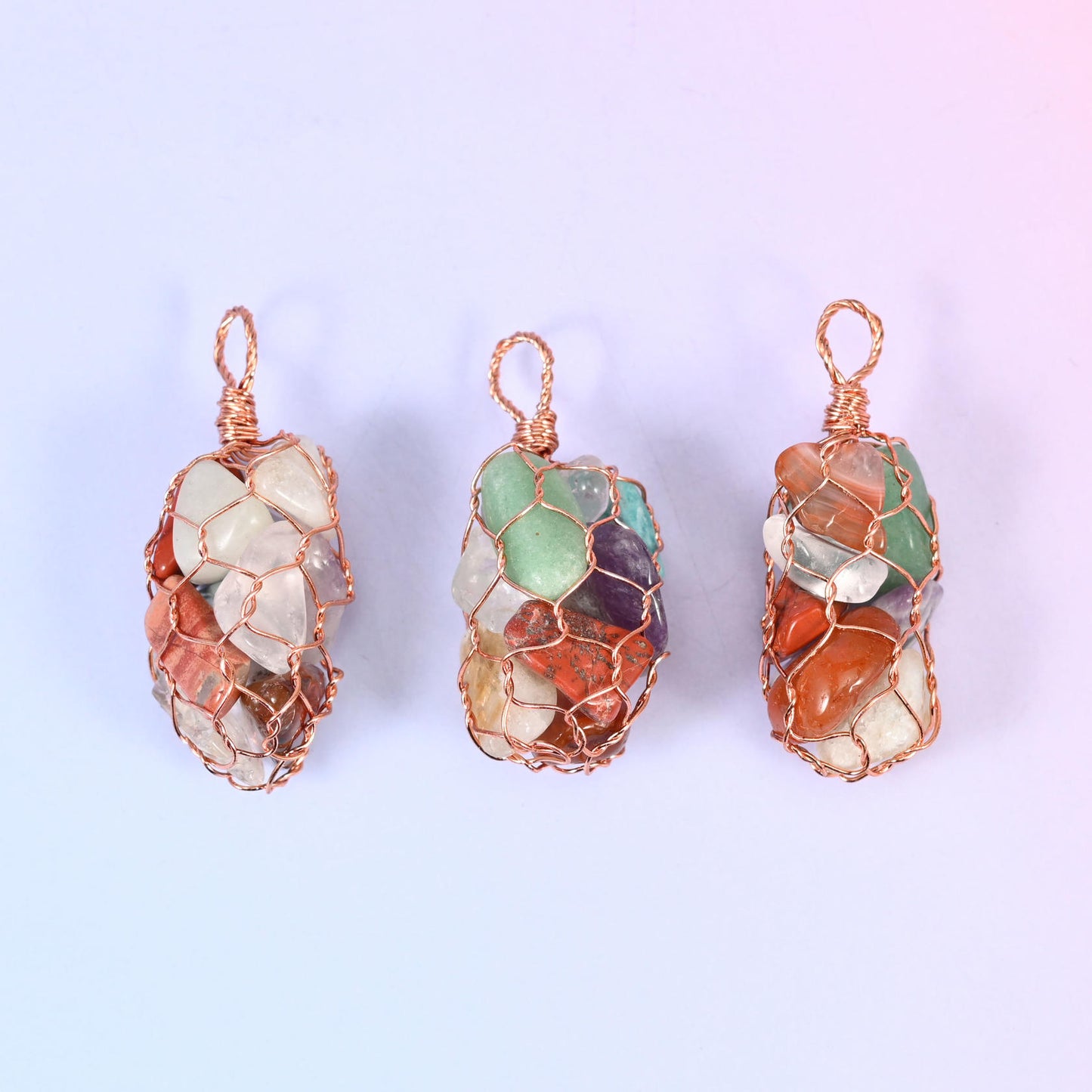 Wired Wrapped Cage Chip Gemstone Pendants
