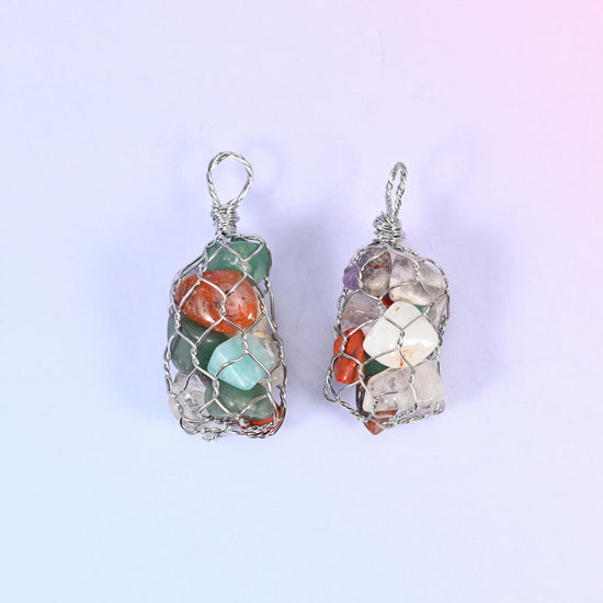 Wired Wrapped Cage Chip Gemstone Pendants