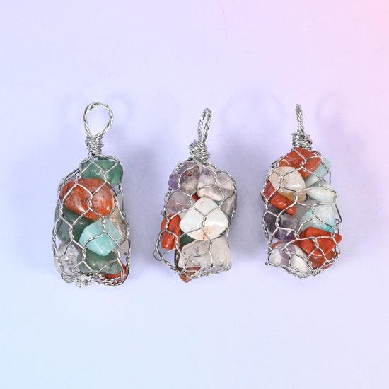 Wired Wrapped Cage Chip Gemstone Pendants